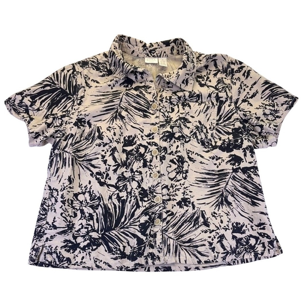 Erika Woman Tropical Palm Floral Linen Blend Button Down Shirt Black Cream 2X